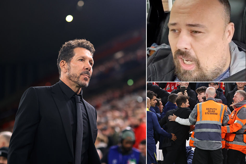 Diego Simeone was shown a red card after clashing with Liverpool fan Jonathan Poulter