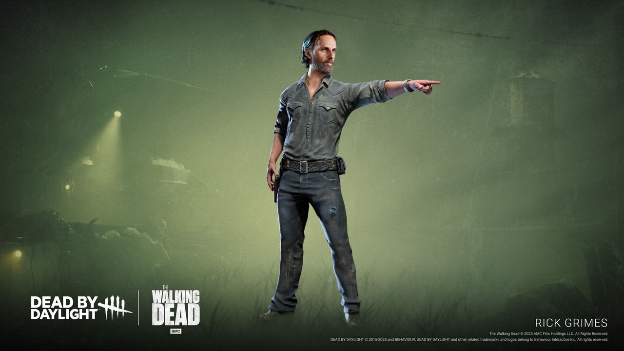 The Walking Dead's Rick Grimes as he appears in the new Dead by Daylight chapter. He's pointing off into the distance, standing against a green foggy background.