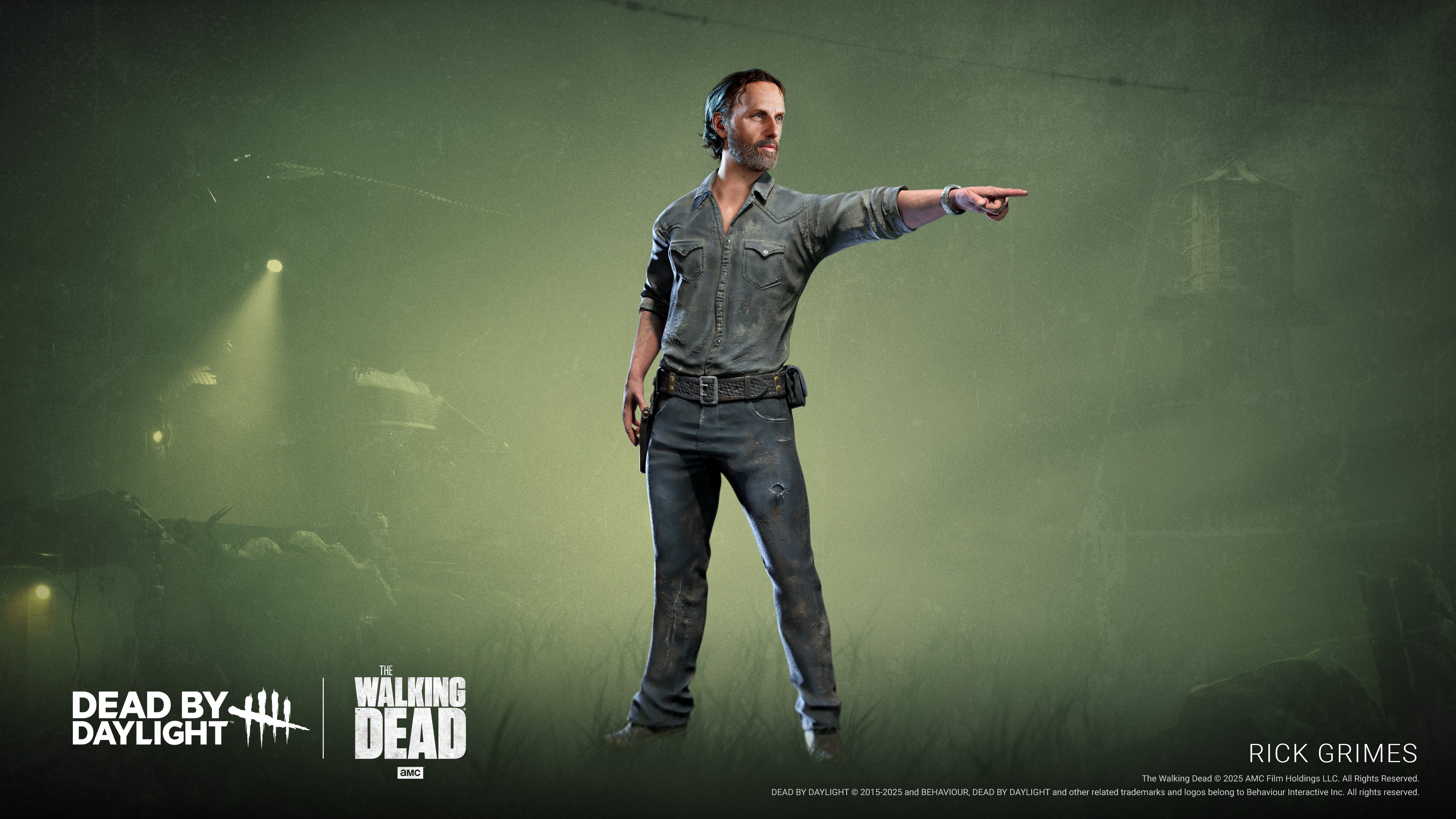 The Walking Dead's Rick Grimes as he appears in the new Dead by Daylight chapter. He's pointing off into the distance, standing against a green foggy background. 