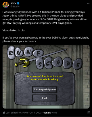 I was wrongfully banned with a 1 Trillion GP bank for doing giveaways Jagex thinks is RWT. I've covered this in the new video and provided receipts proving my innocence. 5 ON STREAM giveaway winners either got RWT buying warnings or a temporary RWT buying ban. Video linked in bio. If you've ever won a giveaway, in the over 50b I've given out since March, please check your accounts.