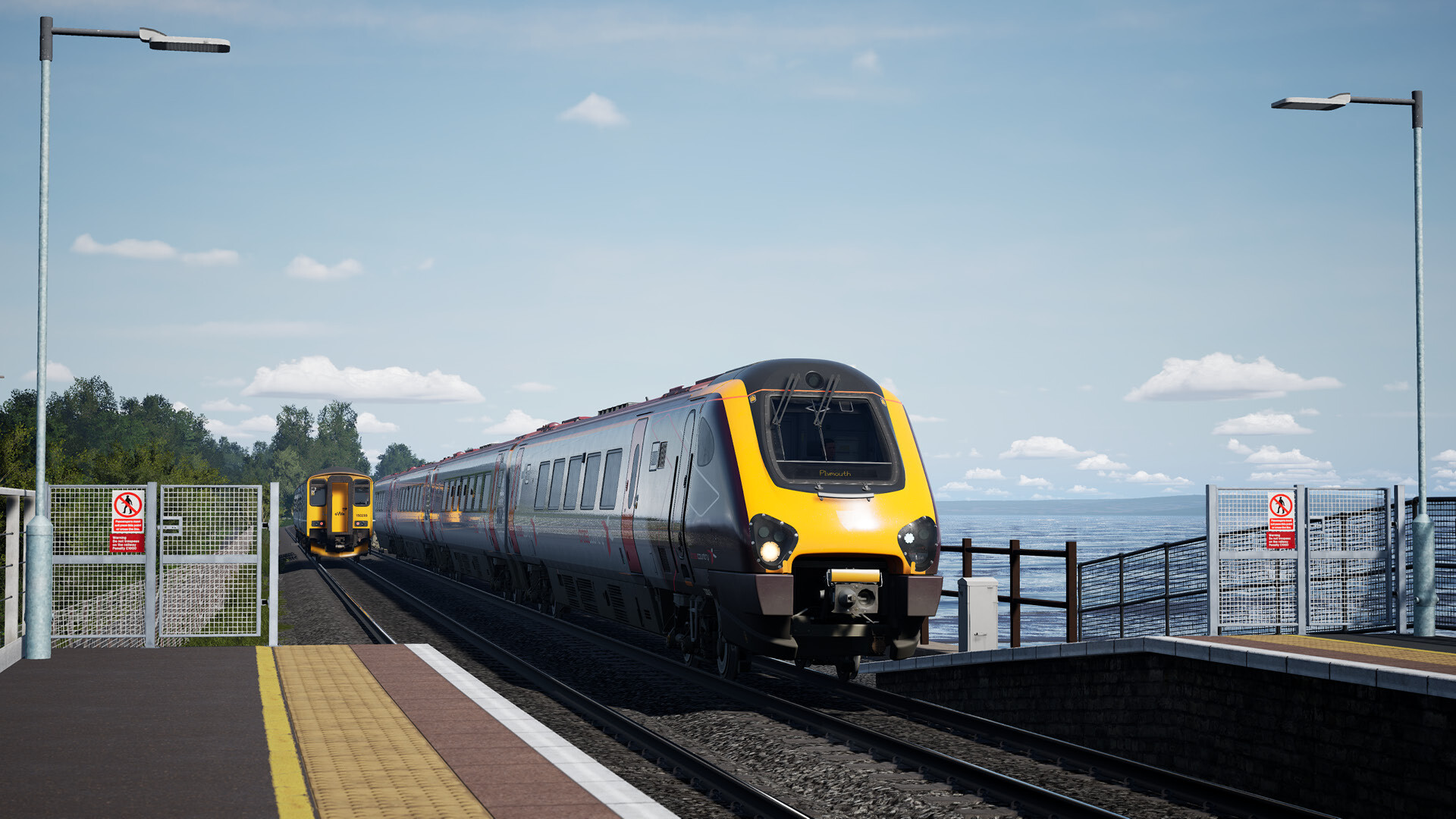 A screenshot from Train Sim World 6 showing a Crosscountry Class 220 Voyager train bound for Plymouth.