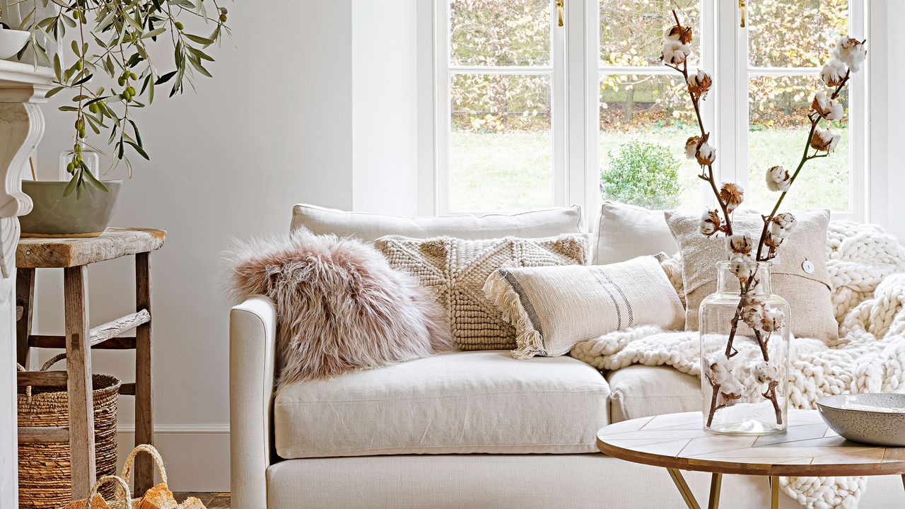 Grey sofa in a neutral living room