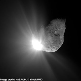 This image of Comet Tempel 1 was taken by NASA's Deep Impact spacecraft on July 4, 2005, 67 seconds after a probe crashed into the comet.