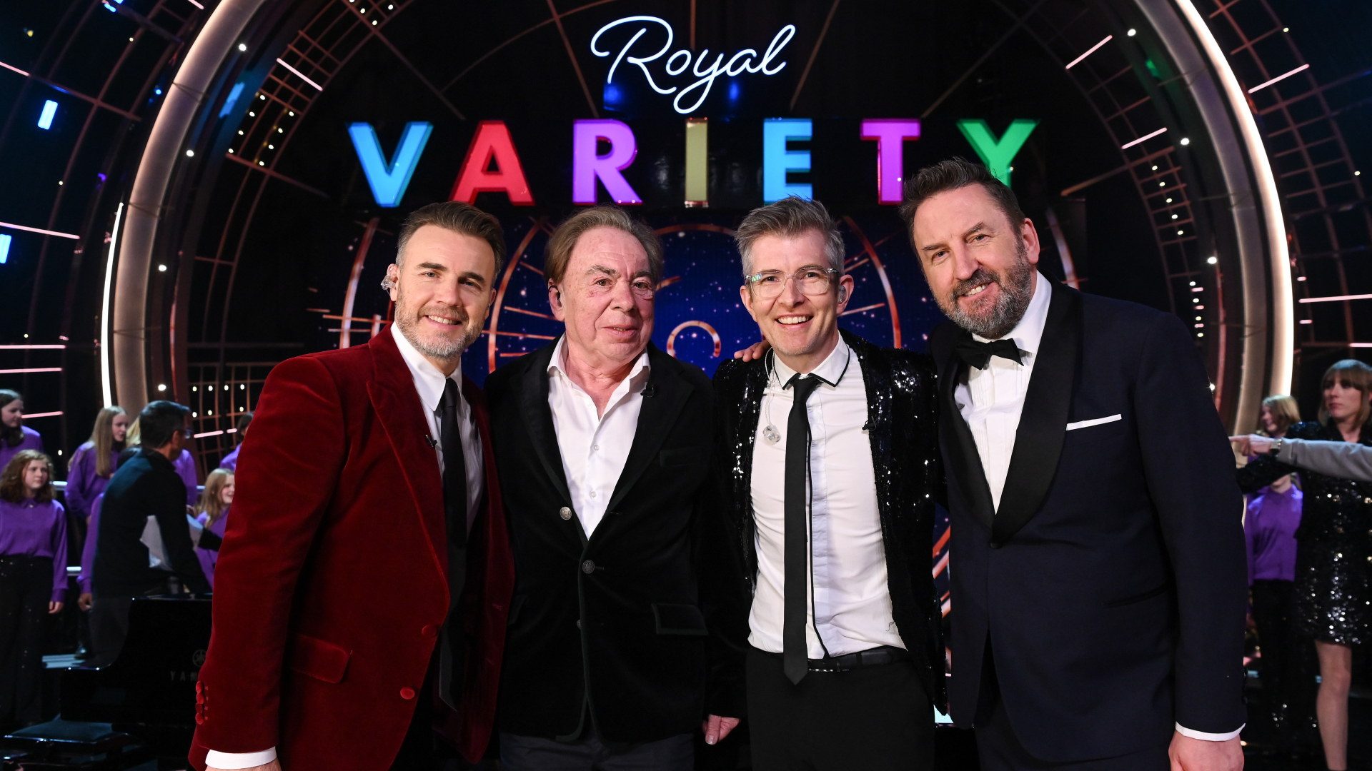 Gary Barlow, Andrew Lloyd Webber, Gareth Malone and Lee Mack pose at the Royal Variety Performance 2022