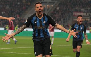 Matias Vecino of FC Internazionale celebrates after scoring the opening goal during the Serie A match between AC Milan and FC Internazionale at Stadio Giuseppe Meazza on March 17, 2019 in Milan, Italy.