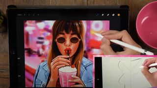 drawing of a woman drinking through a straw on an ipad