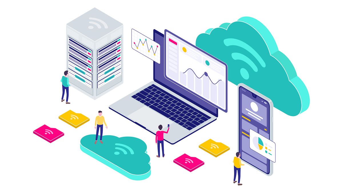 An illustration conceptualising the management of endpoints such as servers, laptops and mobile devices remotely through the cloud