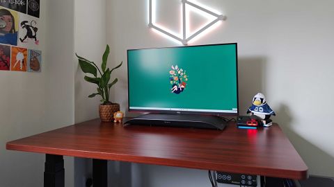 FlexiSpot e7 Plus standing desk with monitor, plant, and Club Penguin plush on top