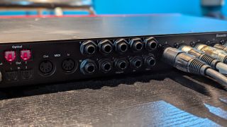 The line outputs on the back of a Focusrite Scarlett 18i20 4th Gen