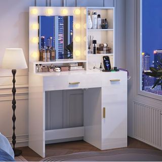 Knoworld Makeup Vanity Desk With Mirror & Lights and Outlet, Make Up Table With 3 Shelves, 2 Drawers & 1 Cabinet, 3 Lighting Modes & Adjustable Brightness Dressing Table for Bedroom, White