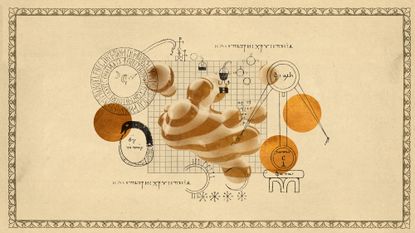 Photo collage of an amorphous, changing blob of liquid, alchemical symbols, and gold circles