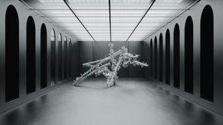 3D Rendering of a hallway with many doors on both sides with a metal tree like structure at the end.