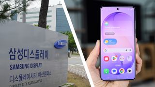 A sign for Samsung Display outside its HQ, combined with a photo of the Samsung S26 Ultra's OLED display
