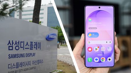 A sign for Samsung Display outside its HQ, combined with a photo of the Samsung S26 Ultra's OLED display