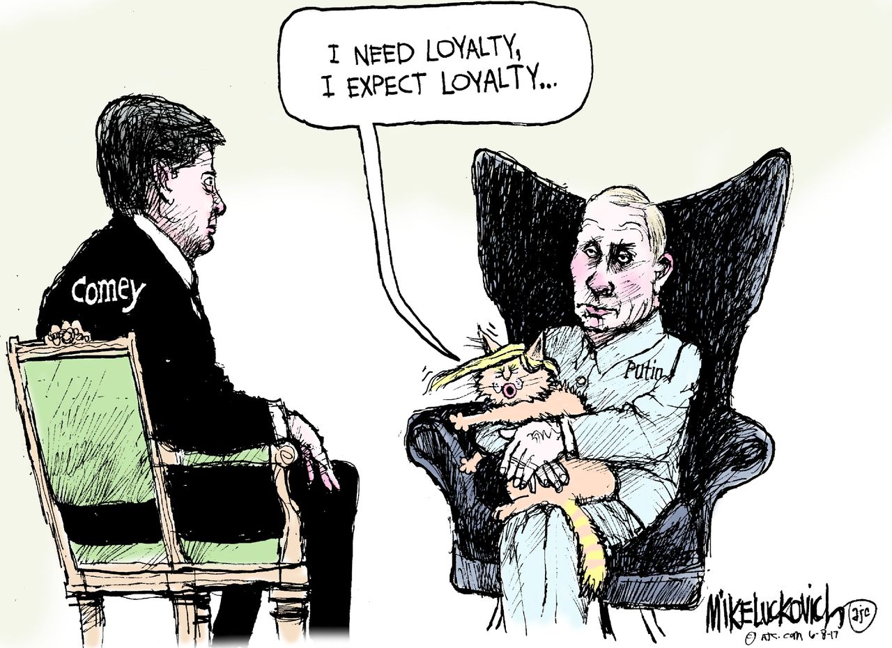 Political cartoon U.S. Comey hearing Trump loyalty Putin Godfather