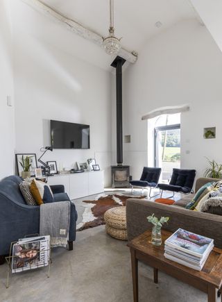 tall log burner in modern living room