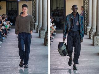 Models wear knitted jumper, patterned jacket and tailored trousers at Pal Zileri S/S 2018