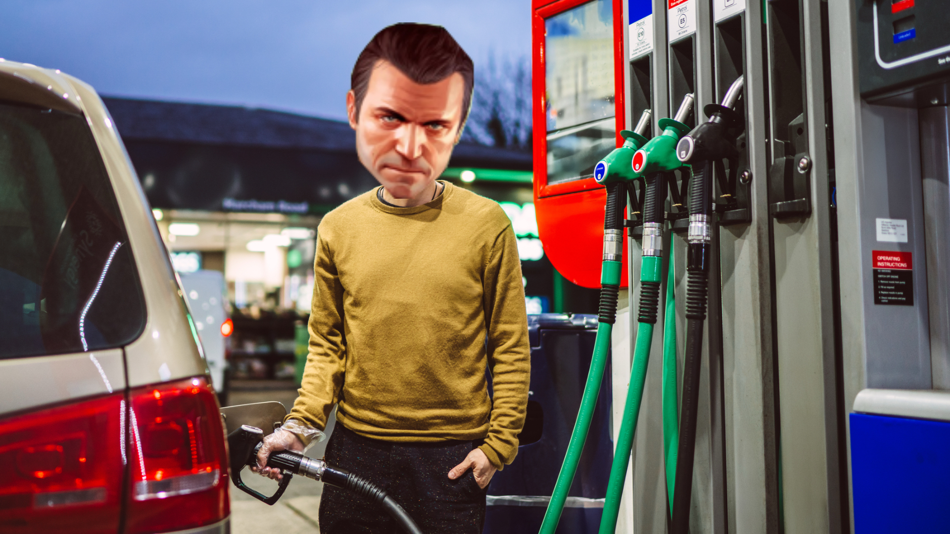 Man refuelling car at petrol station with Michale De Santa's head photoshopped over his.