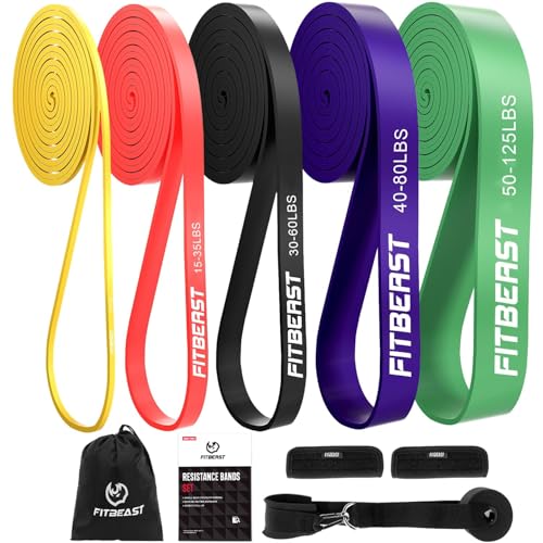 Fitbeast Juego de bandas de dominadas, banda de resistencia de 5 niveles diferentes para calistenia, entrenamiento con peso corporal, tonificación muscular, yoga, movilidad elástica, bandas de asistencia para dominadas (multicolor 5-125 lbs)