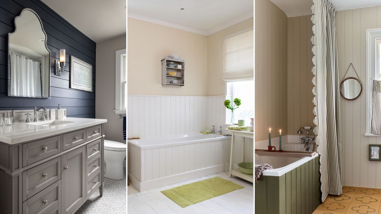 These three shiplap bathroom ideas are so sleek. One bathroom with navy blue shiplap, an arched silver mirror, wall art and two silver sconces, a light gray sink unit with a white surface, candles, and a silver faucet and taps, and light gray patterned floor tiles, one bathroom with white shiplap and a beige wall, a stained glass circular window, a gray wall shelf, and a rectangular window, an off-white two-tier shelf, a bath, and a wooden towel rail with green towels, and one bathroom with greige shiplap paneling, a scalloped striped curtain and blind, and an olive green paneled bath tub with a white interior and a bath tray with two blue lit candles on it