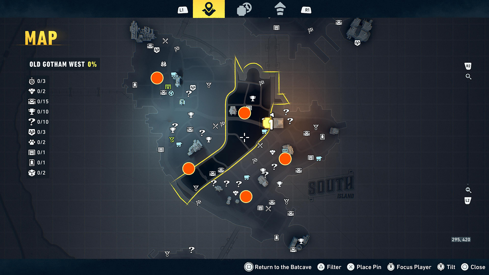 Map of South Island Tower locations in Lego Batman Legacy of the Dark Knight