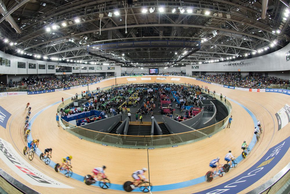 Competitors take part during the women's points race final at the Hong Kong Velodrome during the Track Cycling World Championships