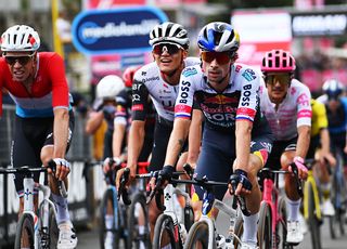 LECCE ITALY MAY 14 LR Isaac Del Toro of Mexico and Team UAE Team Emirates XRG and Primoz Roglic of Slovenia and Team Red Bull BORA hansgrohe cross the finish line during the 108th Giro dItalia 2025 Stage 5 a 151km stage from Ceglie Messapica to Lecce UCIWT on May 14 2025 in Lecce Italy Photo by Tim de WaeleGetty Images