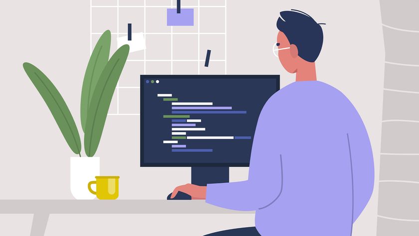 Cartoon-style image showing male software developer using AI coding tools on desktop computer with house plant on desk.