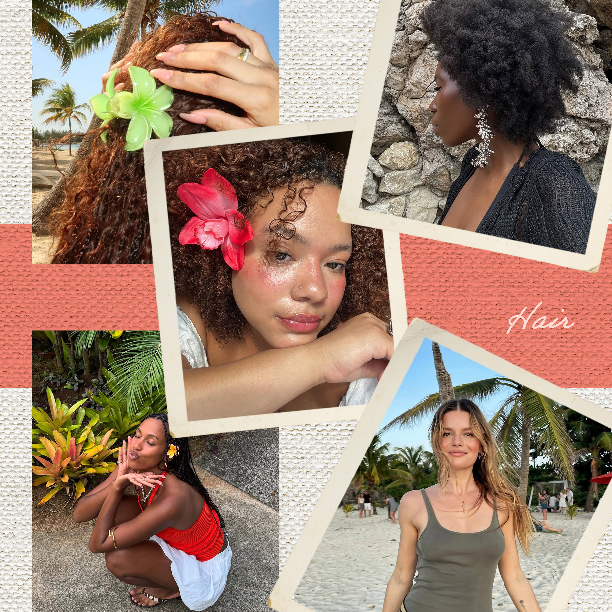 A collage of Island Girl hair looks from Symphani Soto, Danielle Jinadu, Claire Most, Sabrina Socol, and Ana Rivera