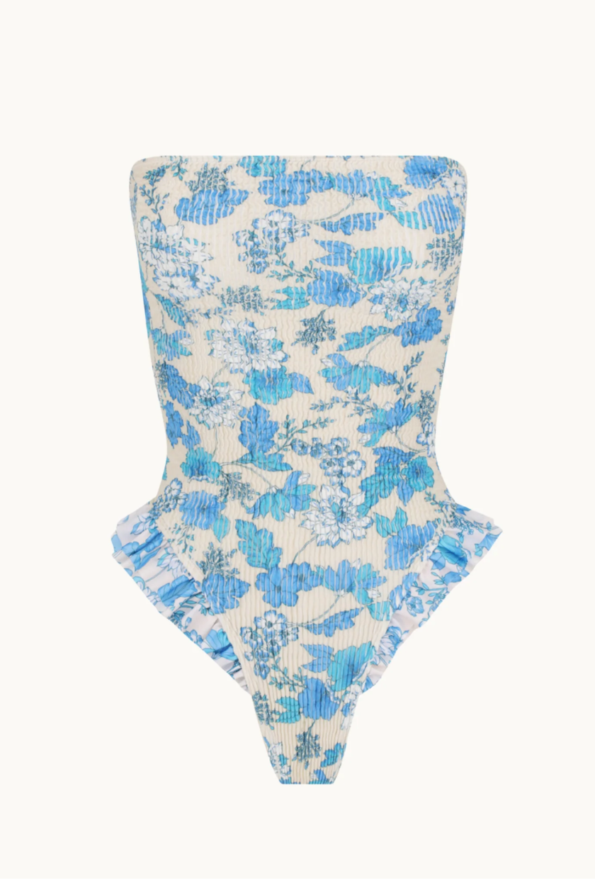 An image of a blue floral onepeice from Cleonie Swimwear, an Australian swimwear brand.
