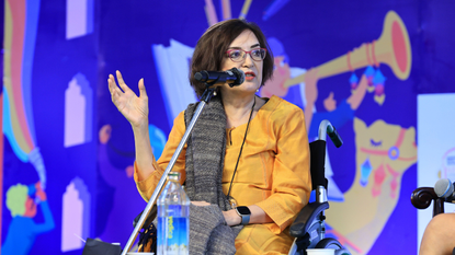 Professor Joya Chatterji speaking at a session during the Jaipur Literature Festival 2024