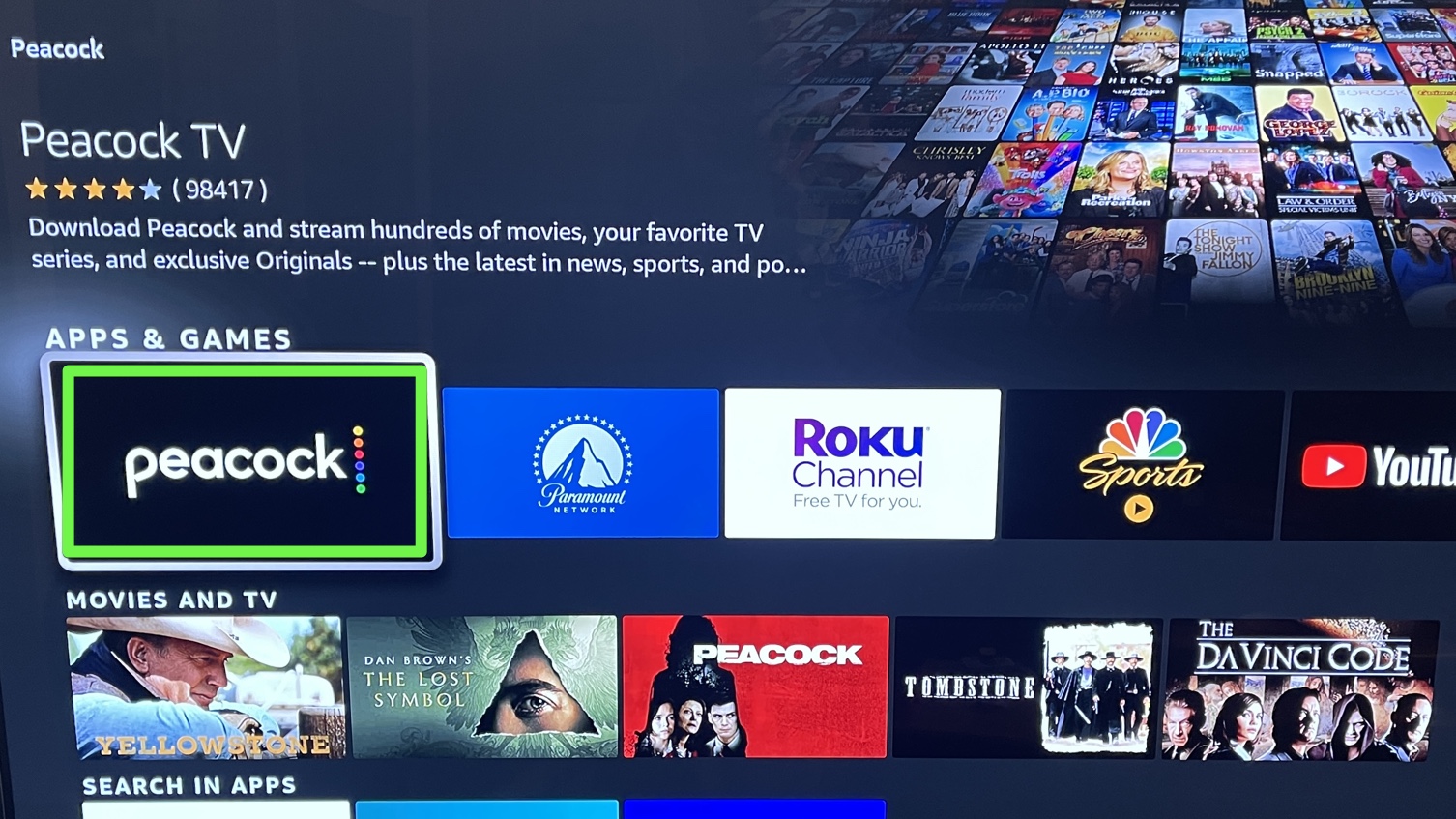 Fire TV results screen with Peacock highlighted