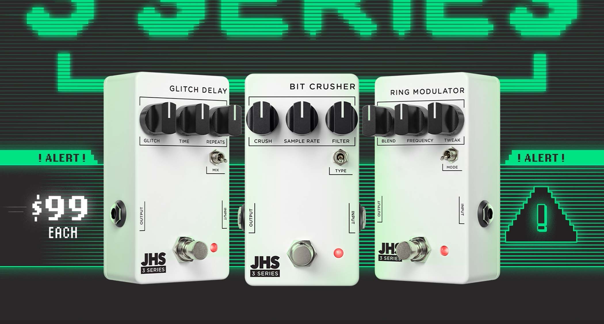 Three new additions to the $99 JHS Pedals range: Glitch Delay, Bit Crusher and Ring Modulator &ndash; all compact stompboxes with white enclosures and three knobs
