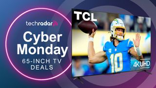 TCL 65-inch S4 TV on a blue/purple background next to text reading TechRadar Cyber Monday 65-inch TV deals