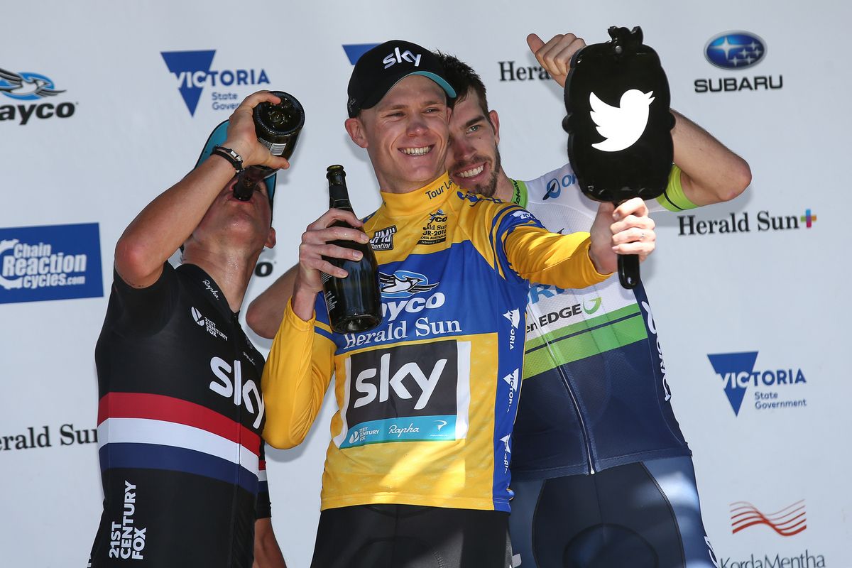 Chris Froome gets ready for the podium selfie