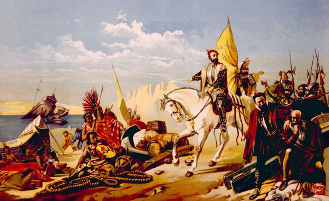 Hernán Cortéz ve birliklerinden O.Graeff (1892) tarafından resim.