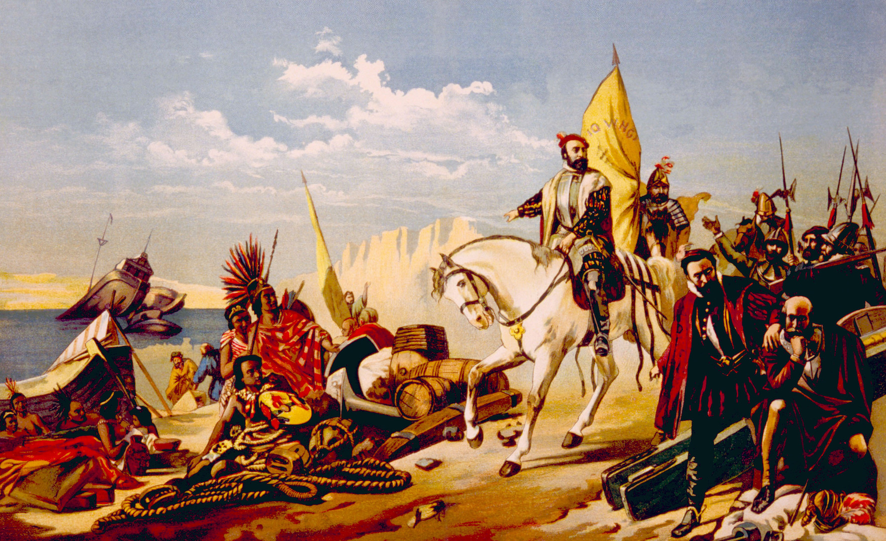 Painting by O. Graeff (1892) of Hernán Cortéz and his troops.