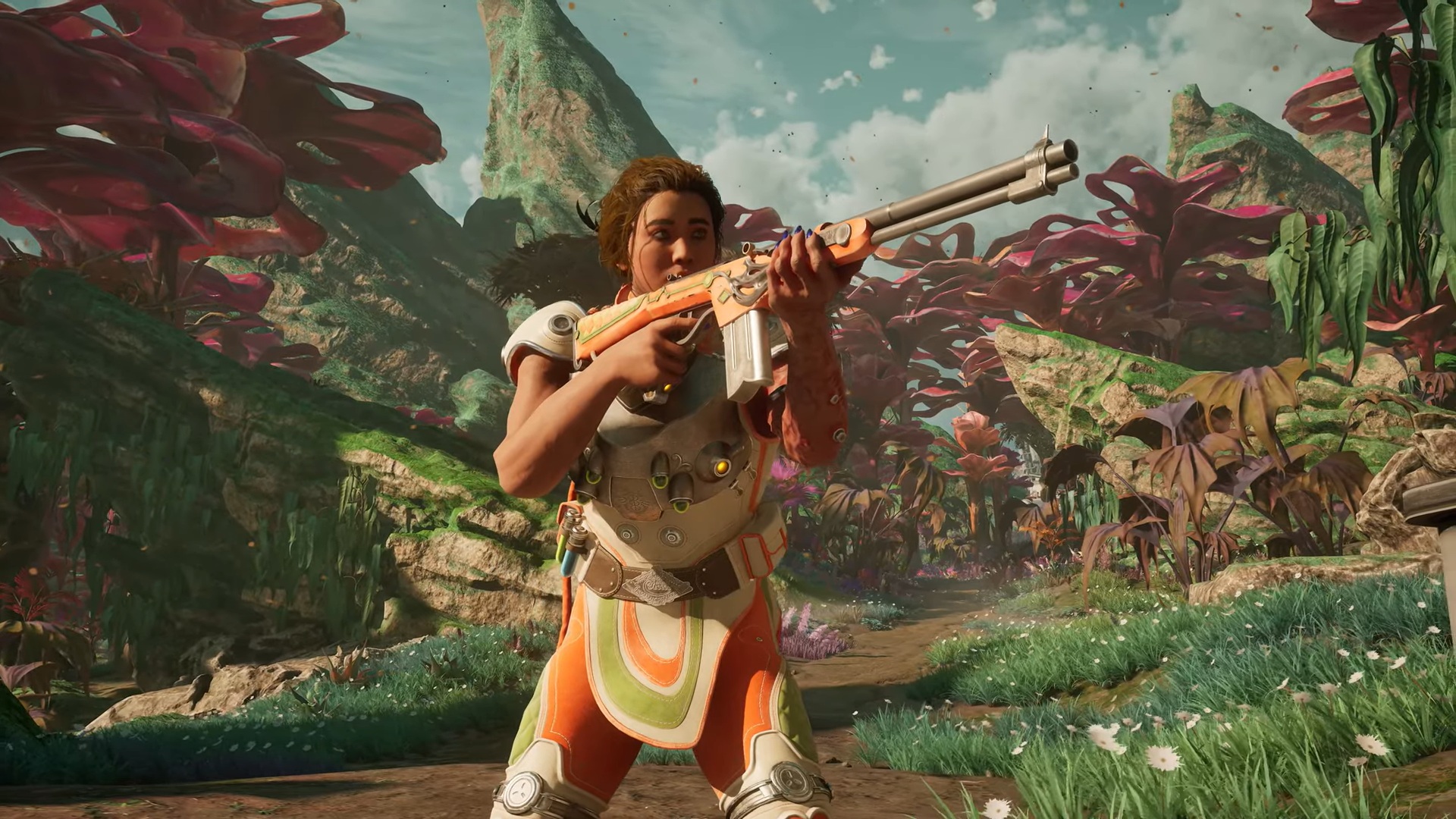 The Outer Worlds 2 screenshot of Inez, a medic who has a grafted animal arm and wields a rifle-like weapon
