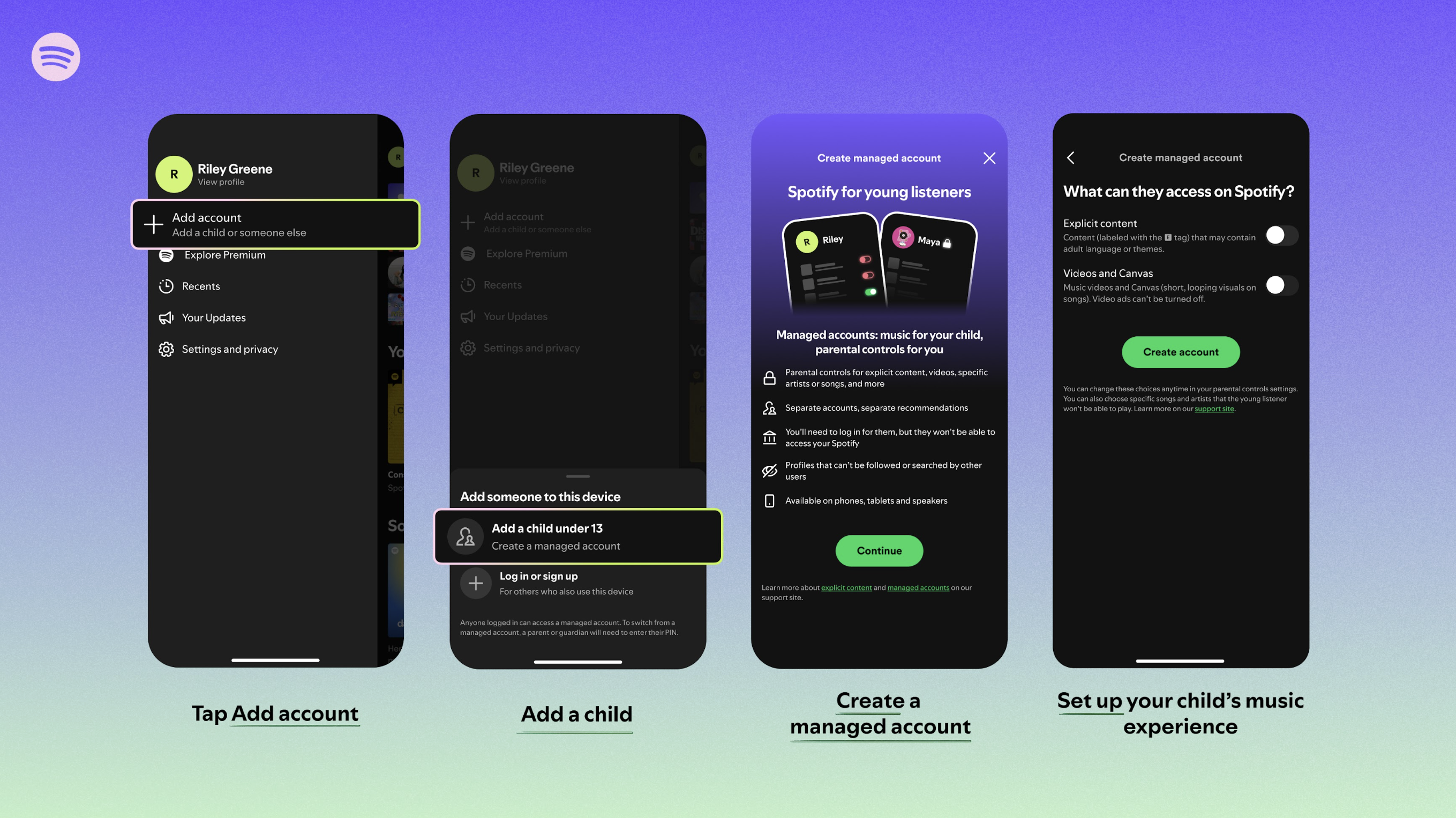 Spotify managed accounts screengrabs on blue background