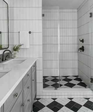 white bathroom with checker tile