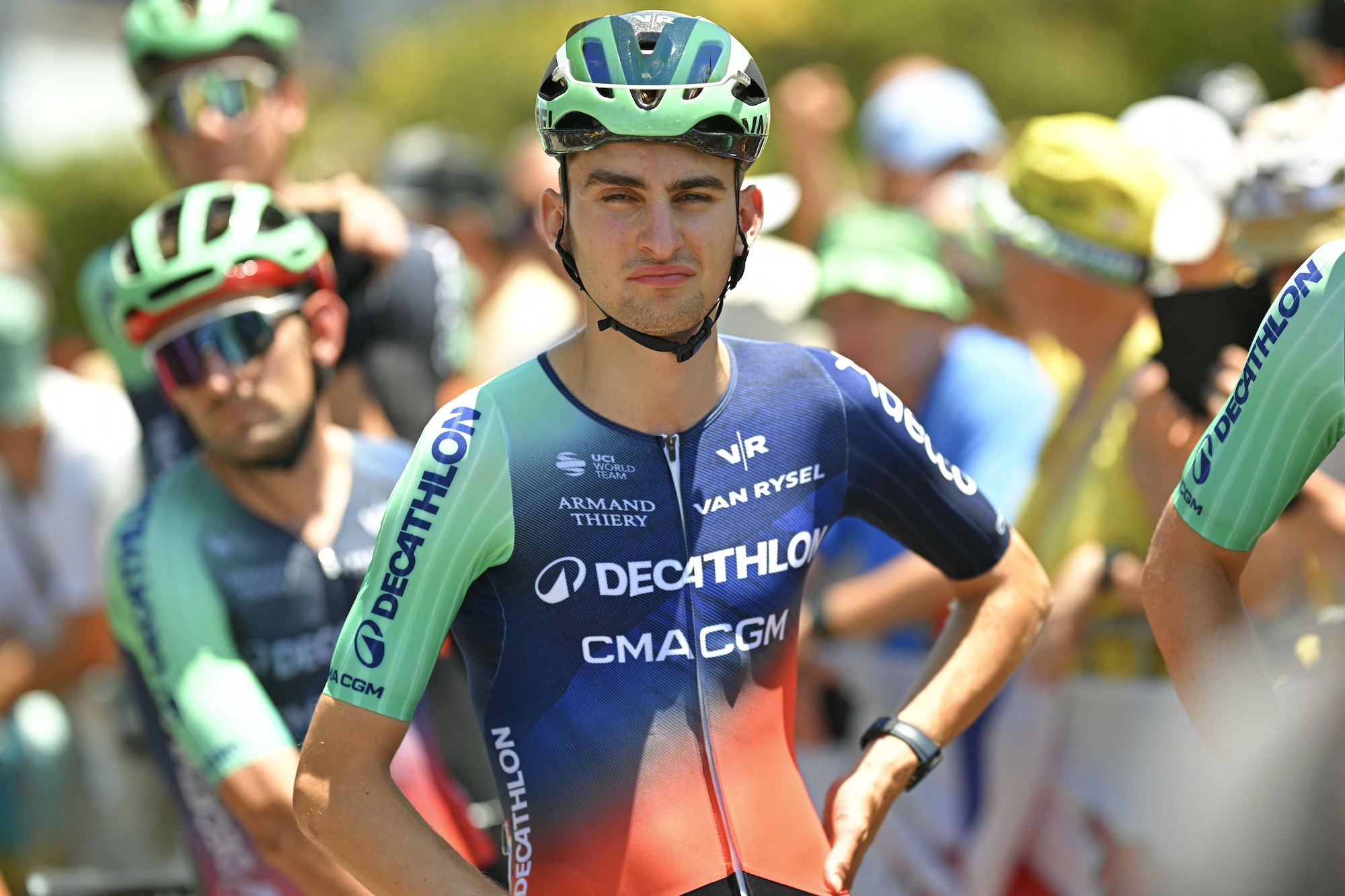 Decathlon CMA CGM Team's French rider Paul Seixas awaits the start of the 2nd stage of the 113th edition of the Tour de France cycling race, 168,5 km between Tarragona and Barcelona in northeastern Spain, on July 5, 2026. (Photo by Loic VENANCE / AFP)