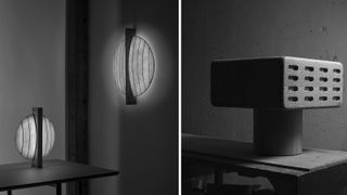 Left: Kodai Iwamoto 'Komoru table and wall lamp. Right: Agnes Studio ' Codice side table