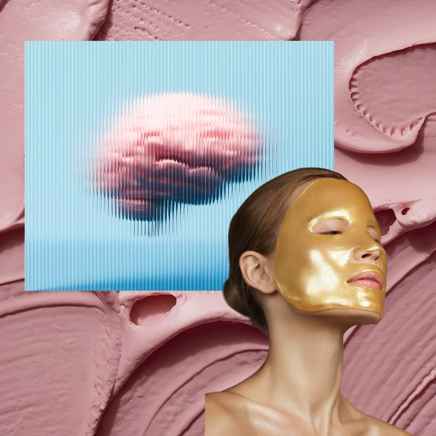 a woman in a gold face mask next to a glass window over a brain with a rose-colored cream background