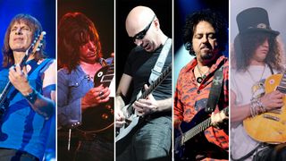 (from left) Nigel Tufnel, Jeff Beck, Joe Satriani, Steve Lukather, and Slash perform onstage
