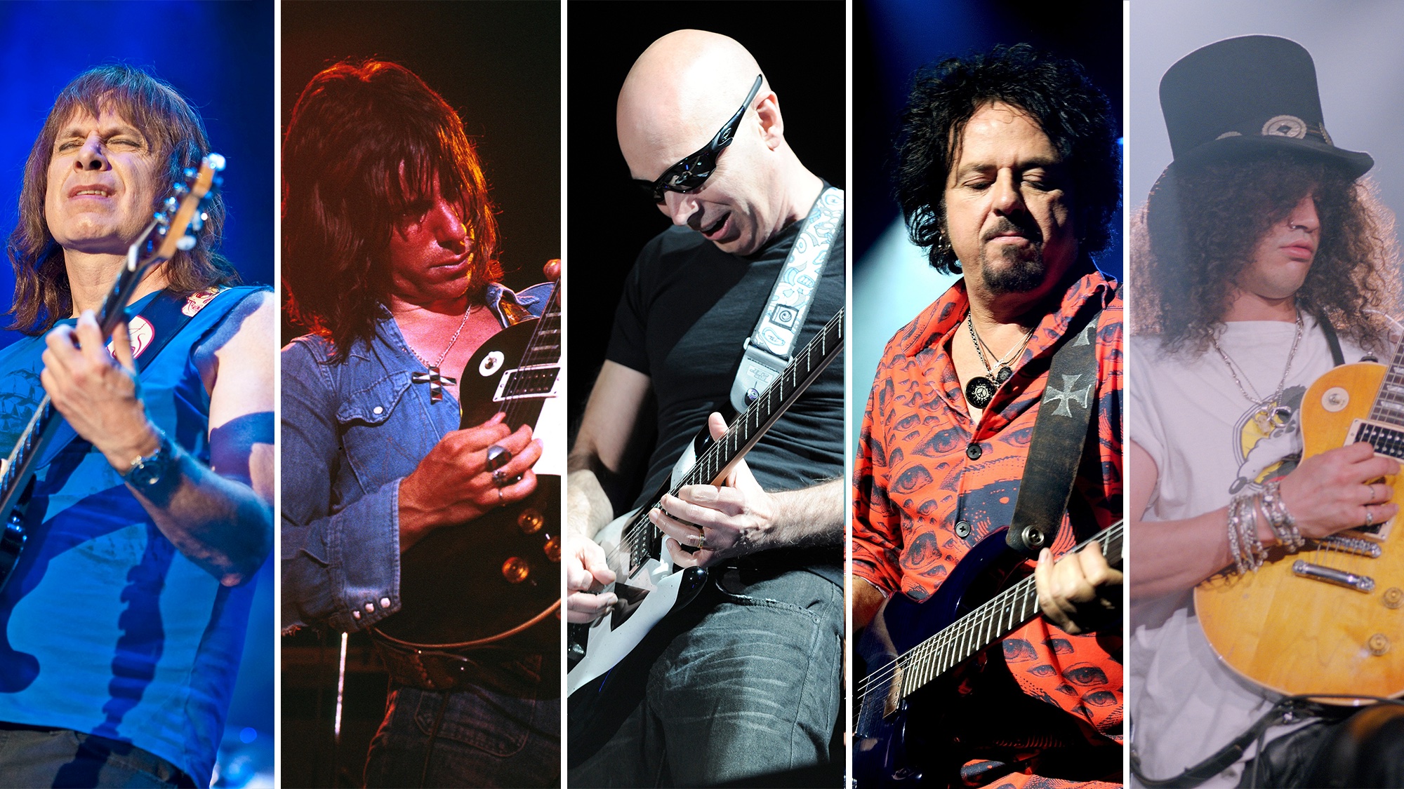 (from left) Nigel Tufnel, Jeff Beck, Joe Satriani, Steve Lukather, and Slash perform onstage