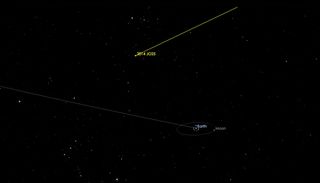The asteroid 2014 JO25 will fly within 1.1 million miles (1.8 million kilometers) of Earth during its flyby on April 19, 2017 as seen in this NASA diagram. The asteroid is about 2,000 feet (650 meters) across, NASA says, and poses no impact threat to Earth.