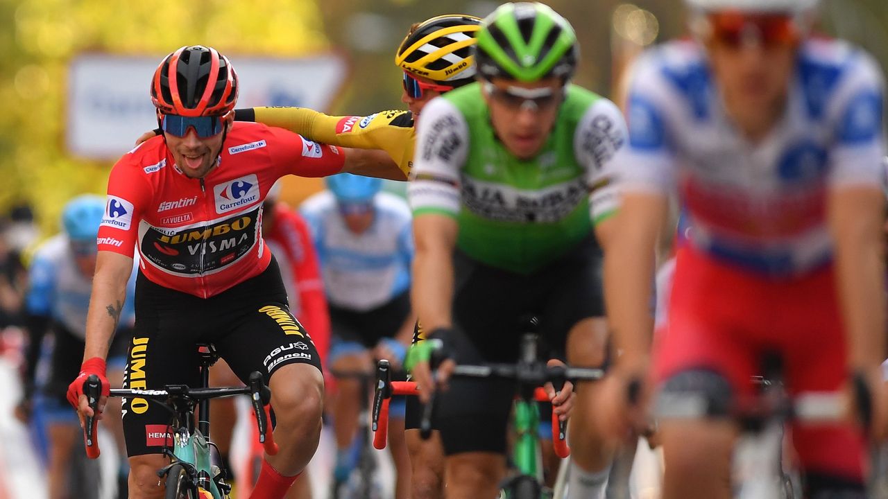 Arrival / Primoz Roglic of Slovenia and Team Jumbo - Visma Red Leader Jersey / Sepp Kuss of The United States and Team Jumbo - Visma / Celebration / during the 75th Tour of Spain 2020