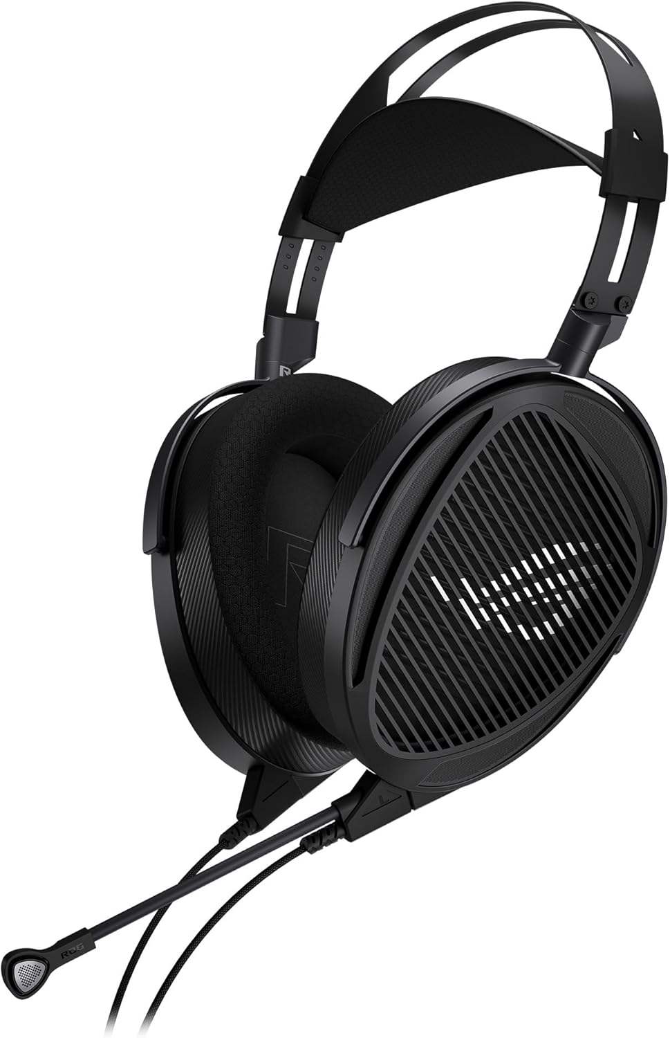 Black over-ear headphones with grill design on ear cups and attached mic.