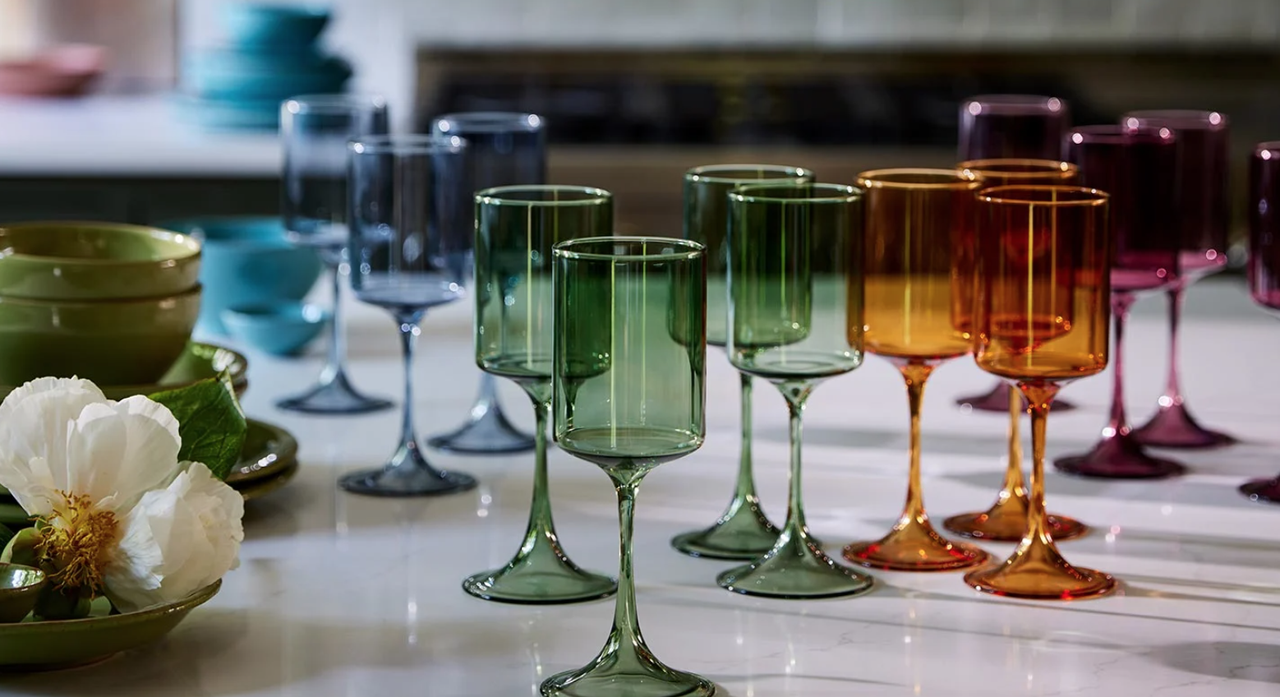 colorful glasses mixed and matched on a table