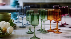 colorful glasses mixed and matched on a table